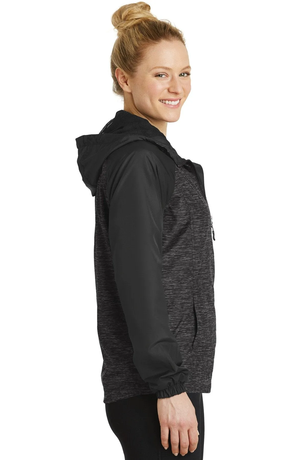 Sport-Tek Ladies Heather Colorblock Raglan Hooded Wind Jacket LST40 Black Heather/ Black