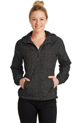 Sport-Tek Ladies Heather Colorblock Raglan Hooded Wind Jacket LST40 Black Heather/ Black