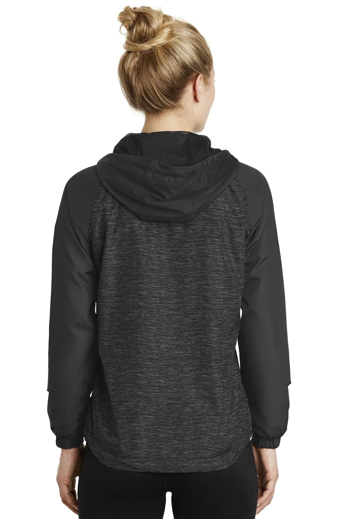 Sport-Tek Ladies Heather Colorblock Raglan Hooded Wind Jacket LST40 Black Heather/ Black