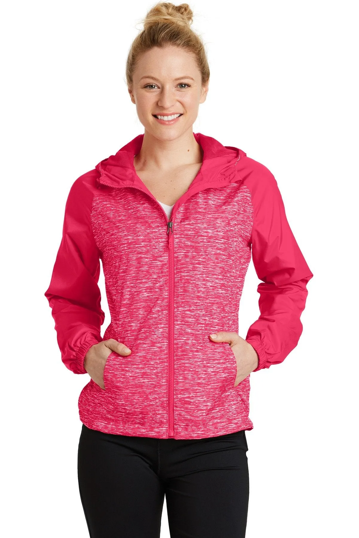 Sport-Tek Ladies Heather Colorblock Raglan Hooded Wind Jacket LST40 Pink Raspberry Heather/ Pink Raspberry