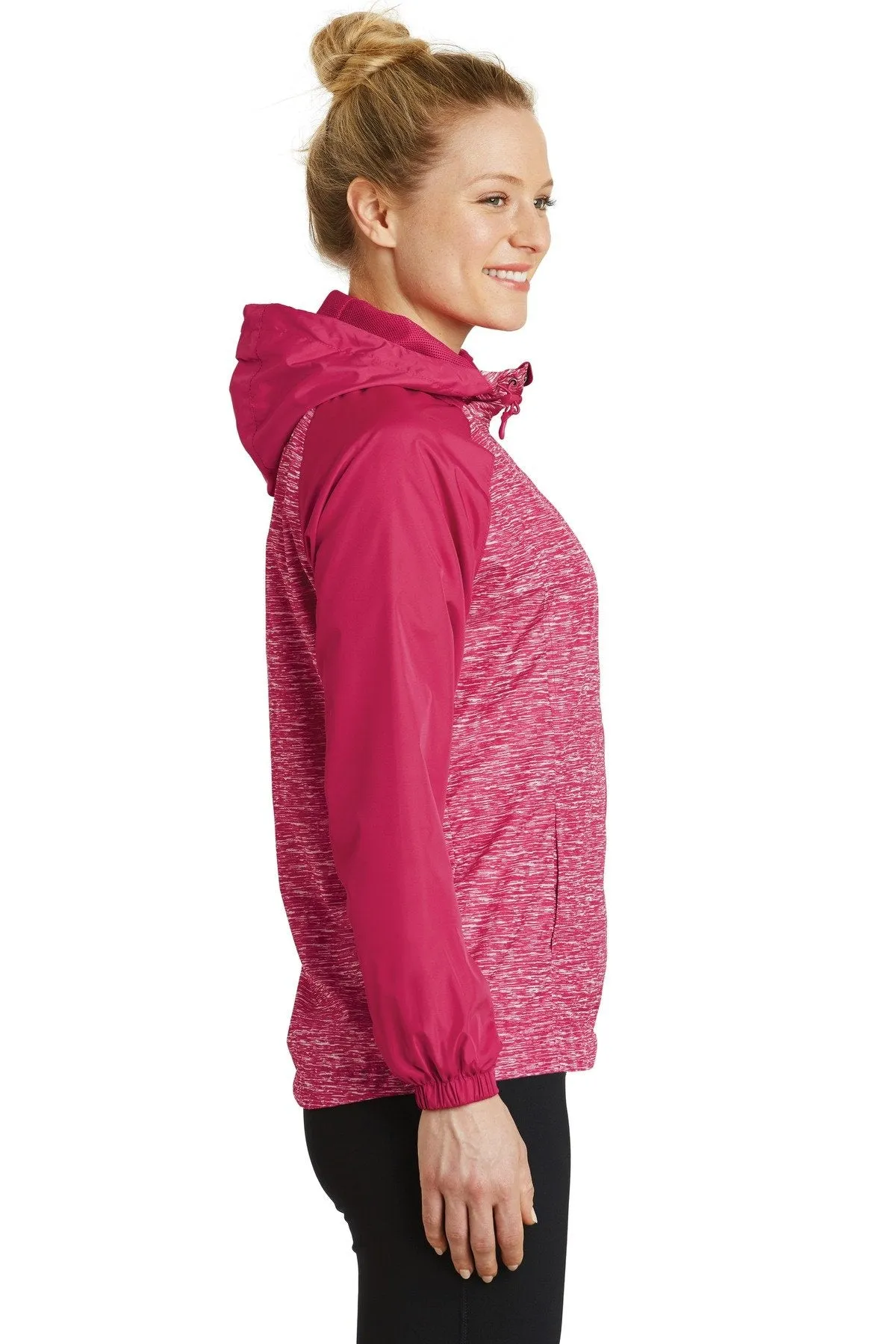 Sport-Tek Ladies Heather Colorblock Raglan Hooded Wind Jacket LST40 Pink Raspberry Heather/ Pink Raspberry