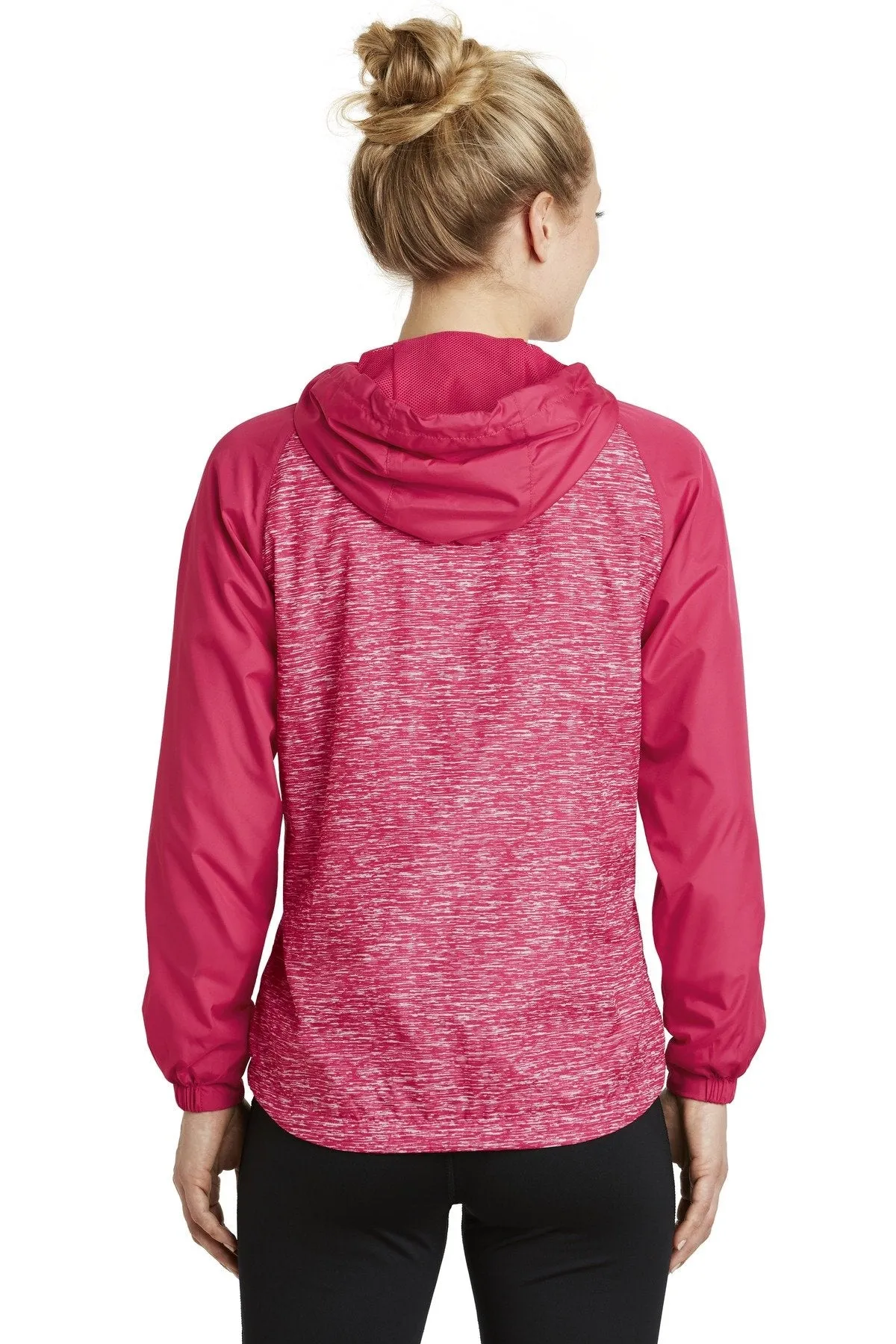 Sport-Tek Ladies Heather Colorblock Raglan Hooded Wind Jacket LST40 Pink Raspberry Heather/ Pink Raspberry