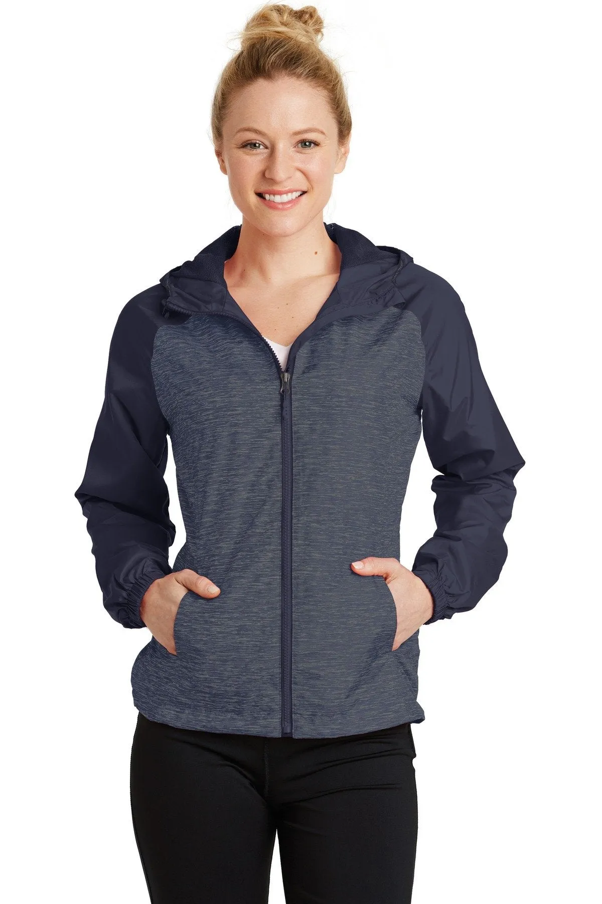 Sport-Tek Ladies Heather Colorblock Raglan Hooded Wind Jacket LST40 True Navy Heather/ True Navy