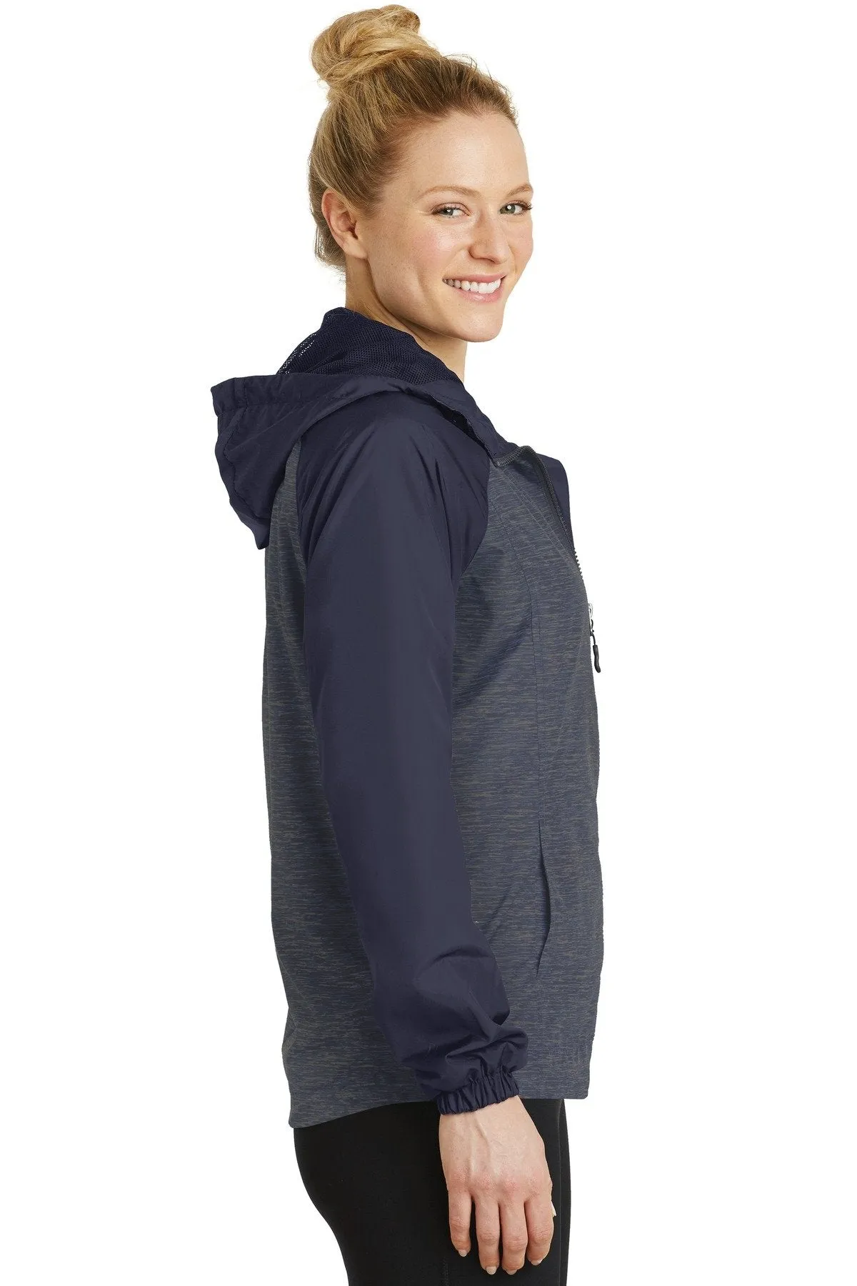 Sport-Tek Ladies Heather Colorblock Raglan Hooded Wind Jacket LST40 True Navy Heather/ True Navy