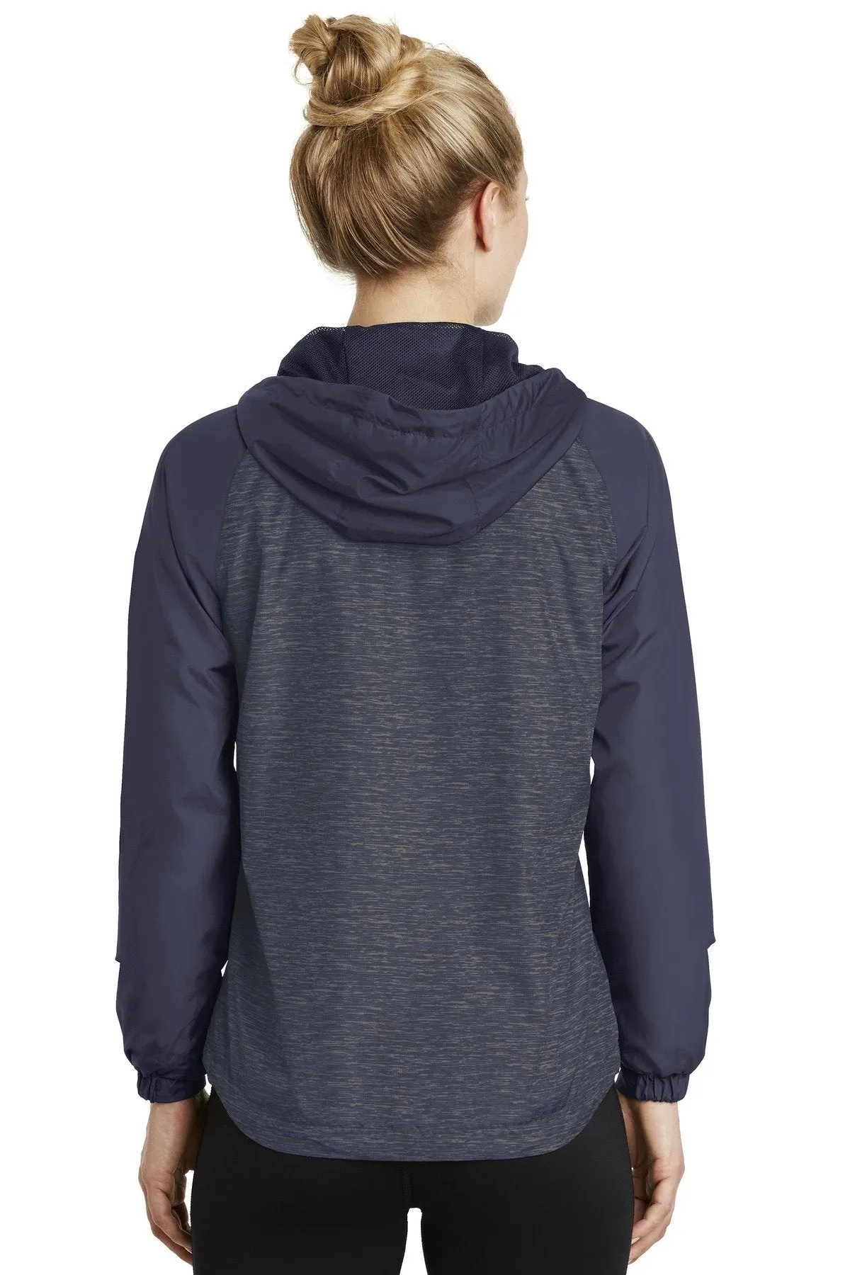 Sport-Tek Ladies Heather Colorblock Raglan Hooded Wind Jacket LST40 True Navy Heather/ True Navy