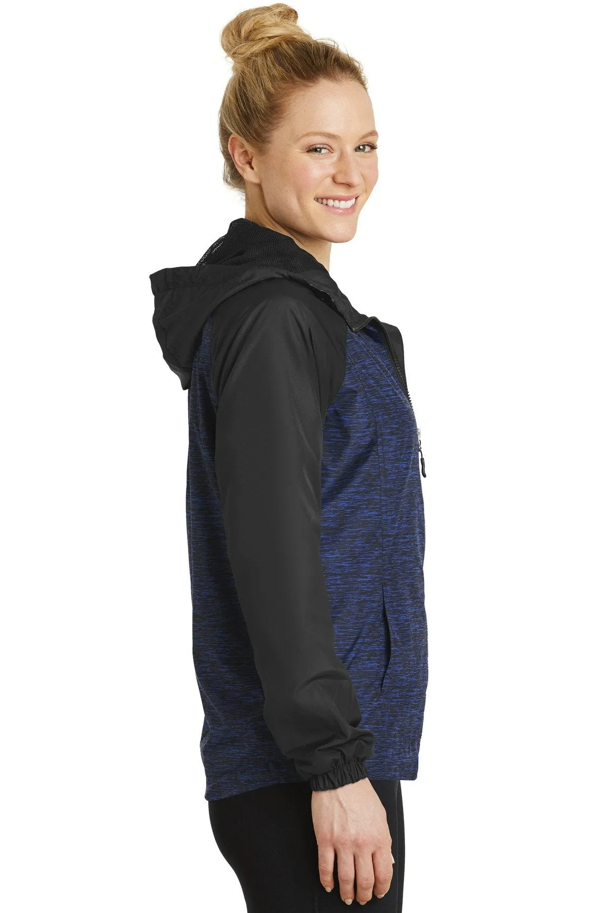 Sport-Tek Ladies Heather Colorblock Raglan Hooded Wind Jacket LST40 True Royal Heather/ Black