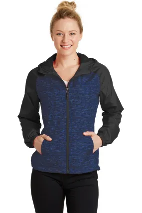 Sport-Tek Ladies Heather Colorblock Raglan Hooded Wind Jacket LST40 True Royal Heather/ Black