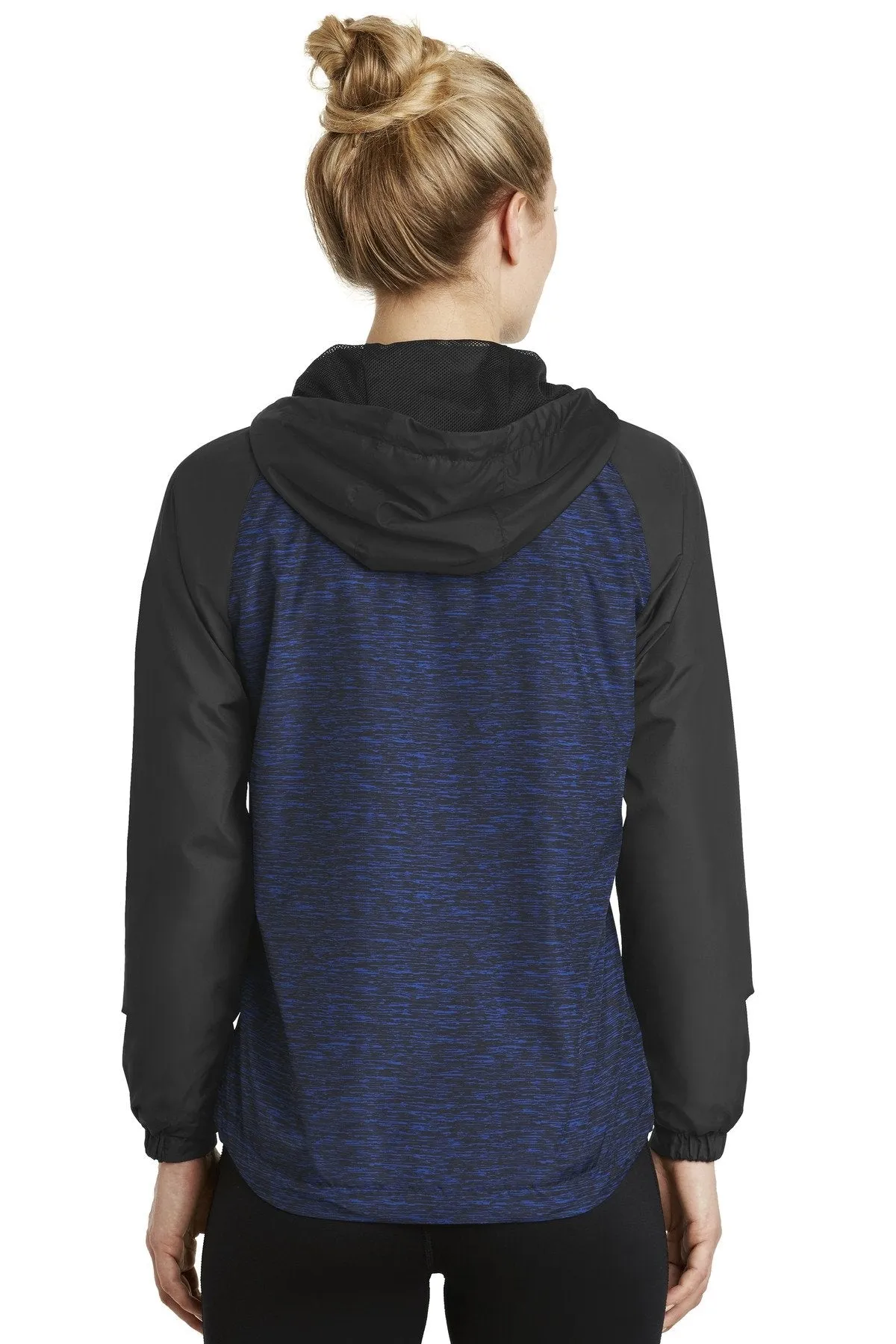 Sport-Tek Ladies Heather Colorblock Raglan Hooded Wind Jacket LST40 True Royal Heather/ Black