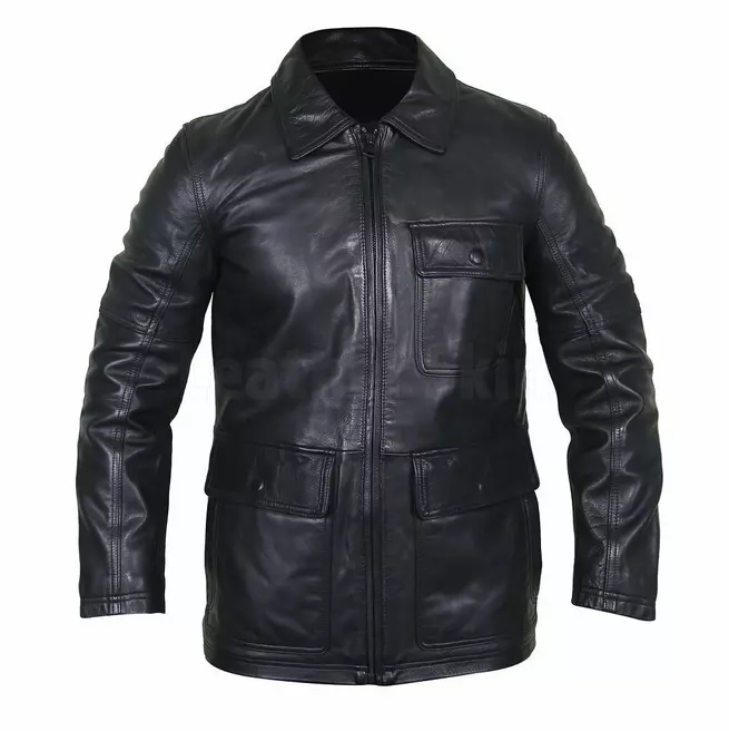 Steampunk Men's Premium -style Collared Black Leather Jacket With Flap Pockets