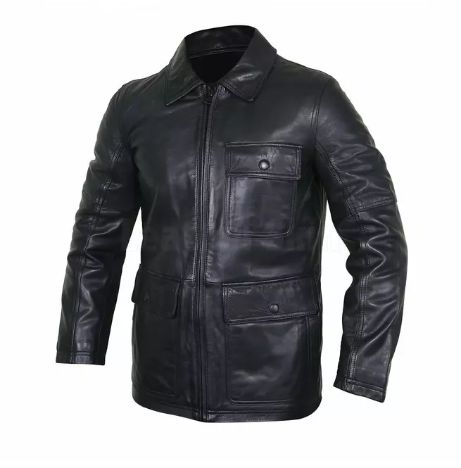 Steampunk Men's Premium -style Collared Black Leather Jacket With Flap Pockets