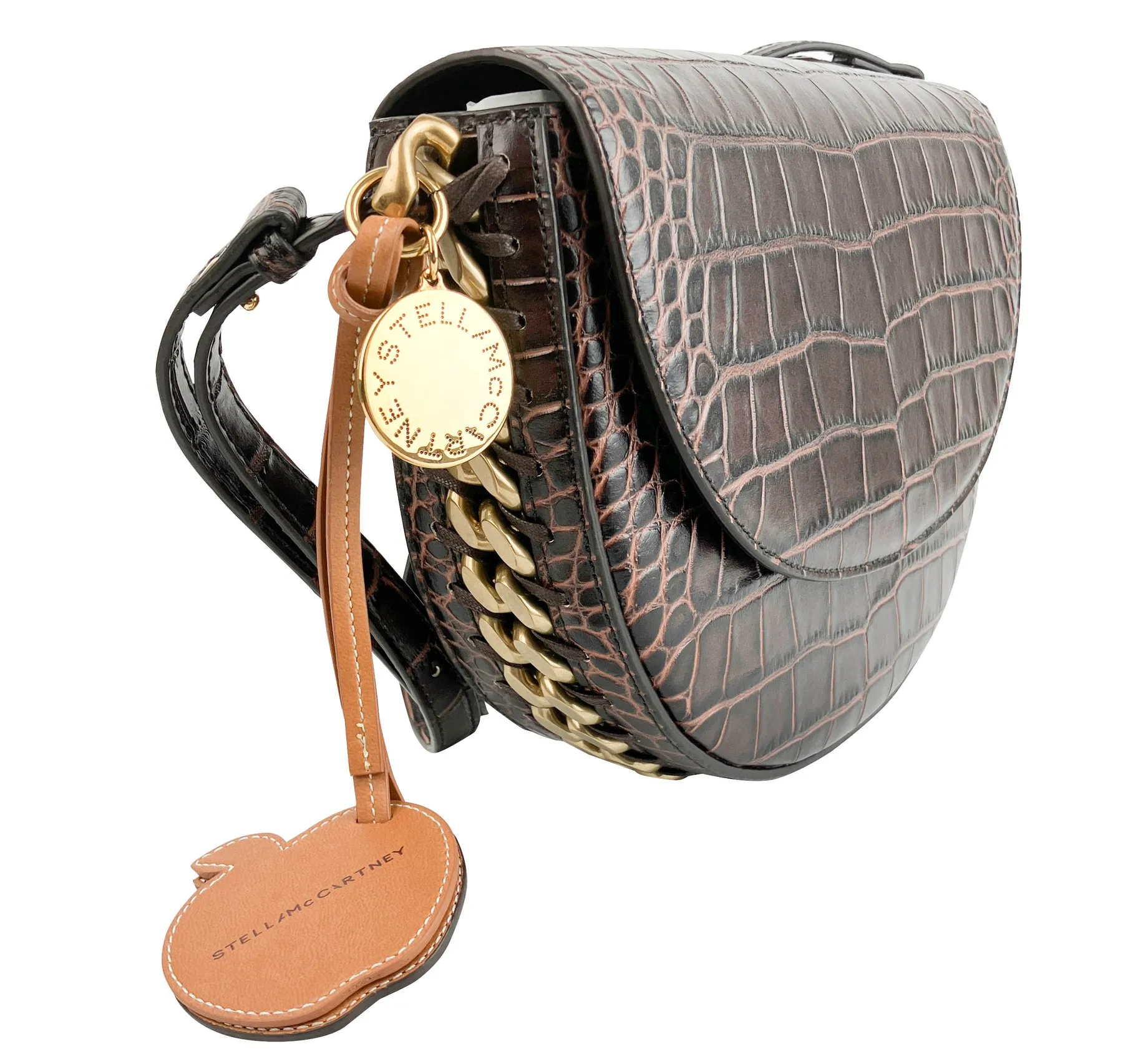 Stella McCartney Frayme Croc Embossed Shoulder Bag in Chocolate Brown