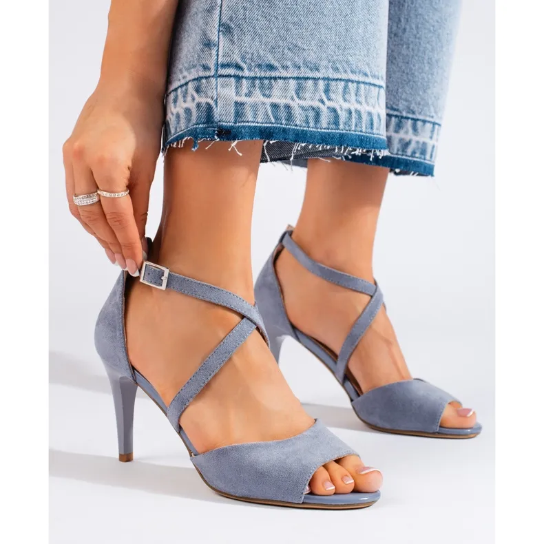 Stylish blue suede high-heeled sandals by Sergio Leone