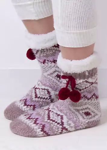 Totes Ladies Fair Isle Cosy Pom Pom Slipper Socks | Grattan