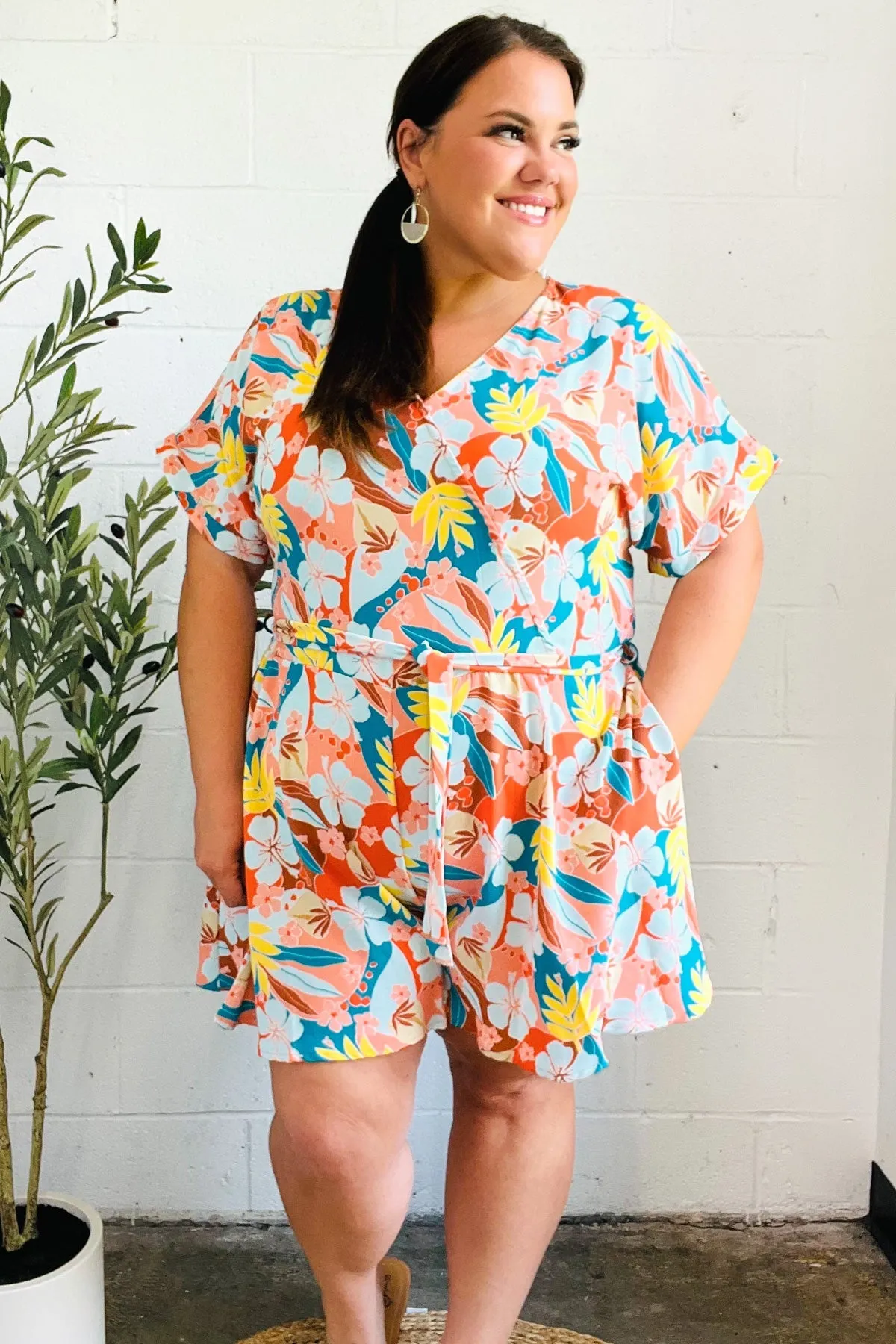 Tropical Trance Coral Tropical Floral Surplice Woven Romper