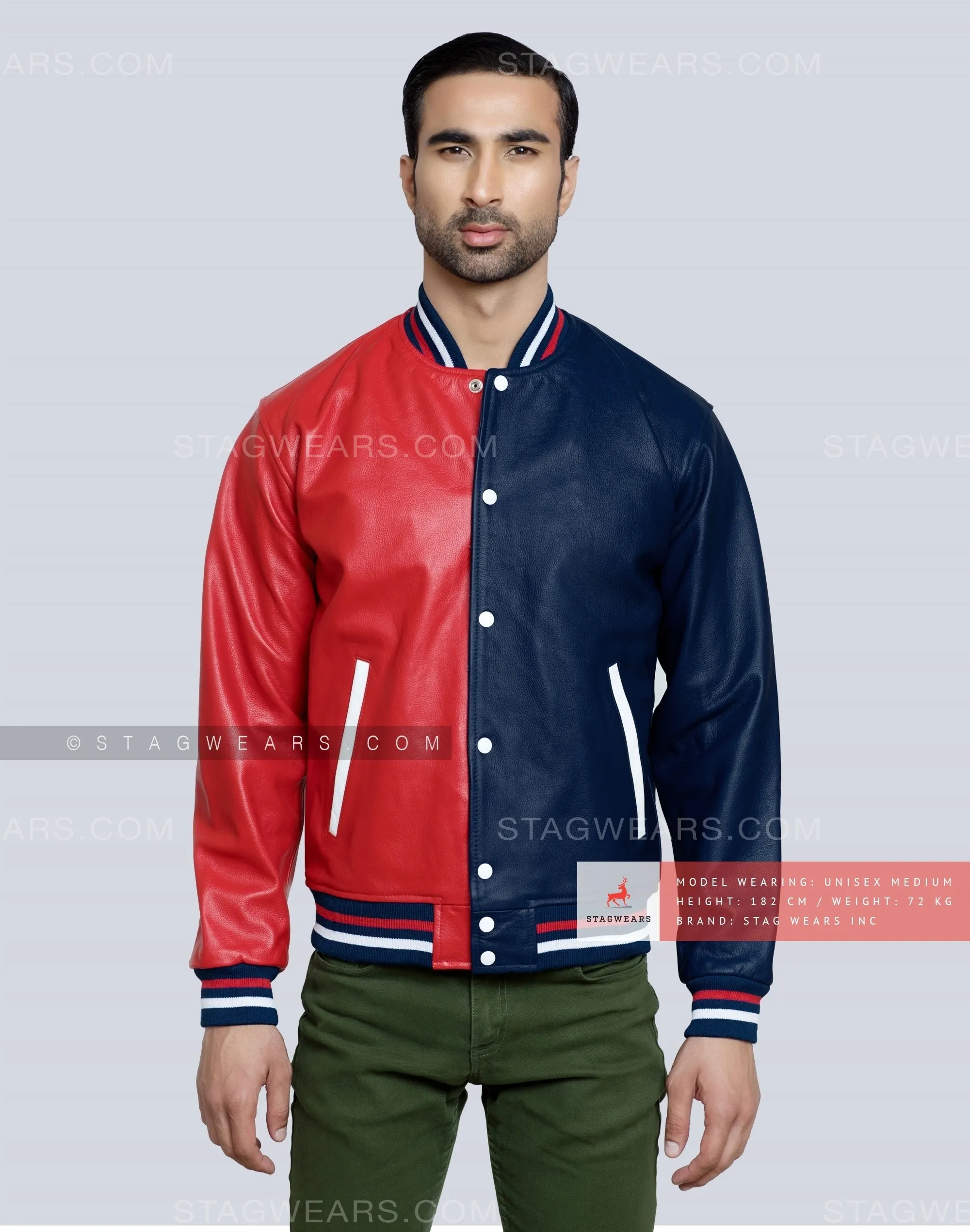 Two-Tone Leather Varsity Jacket (Red/Navy): Add A Sporty Look!