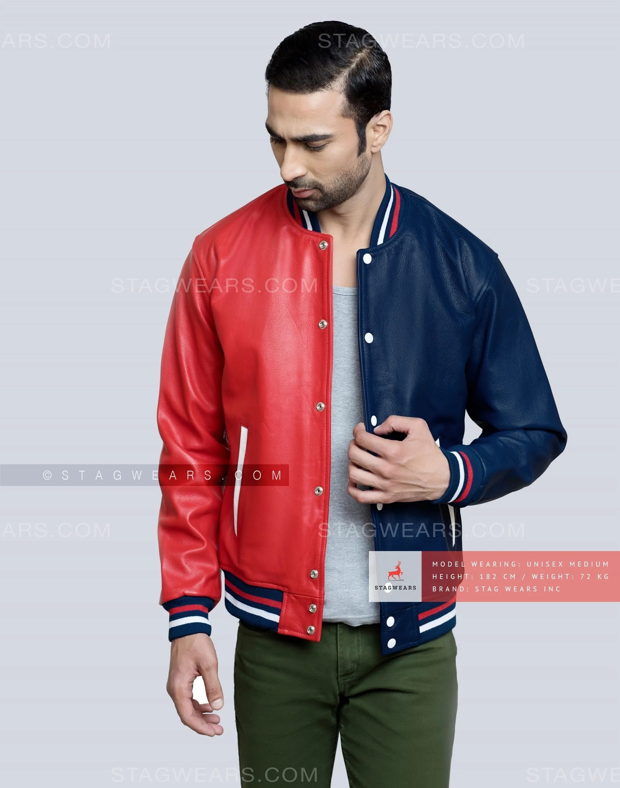 Two-Tone Leather Varsity Jacket (Red/Navy): Add A Sporty Look!