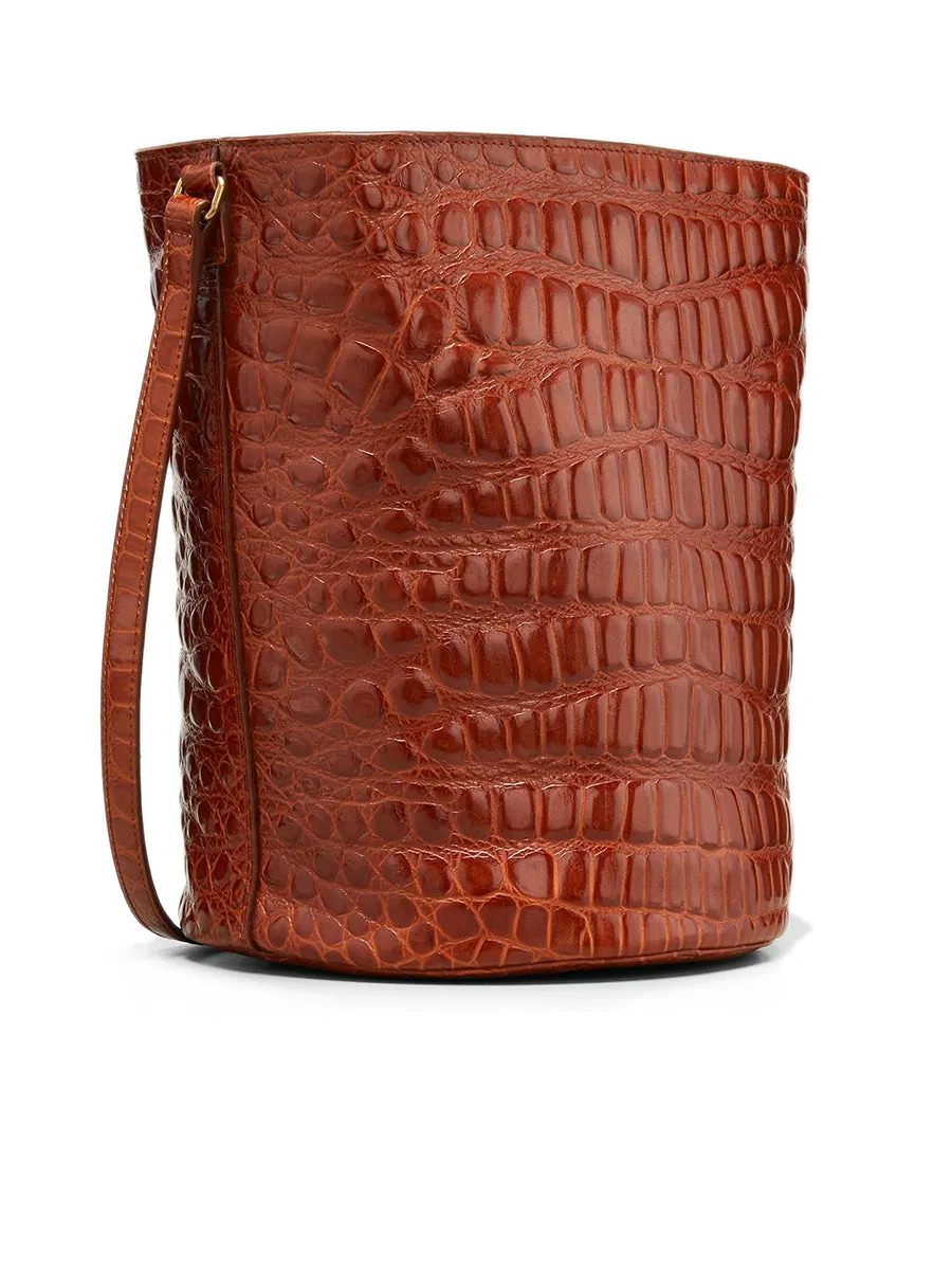 Vintage Bucket Bag in Lacquered Crocodile-Embossed Leather