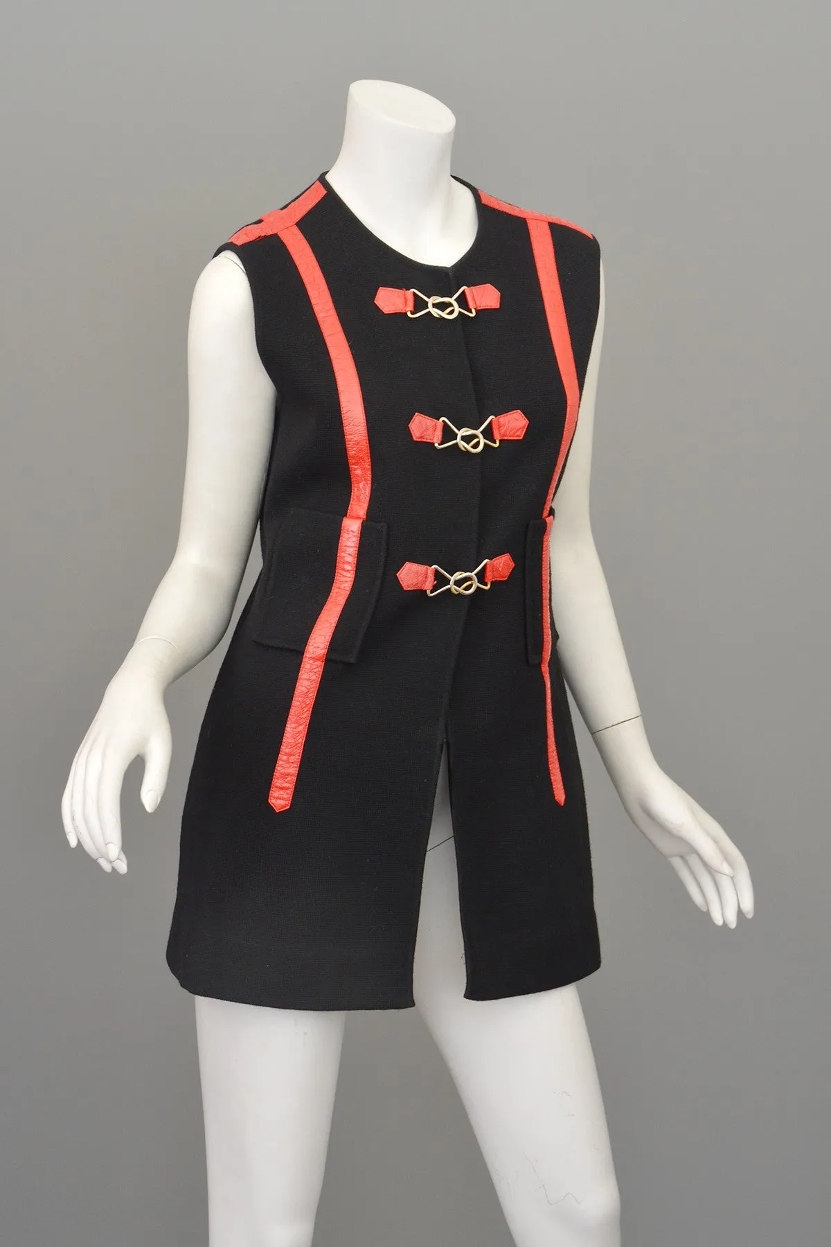 Vtg 1960s Black Knit Red Leather MOD Vest Tunic by Gina Teresa