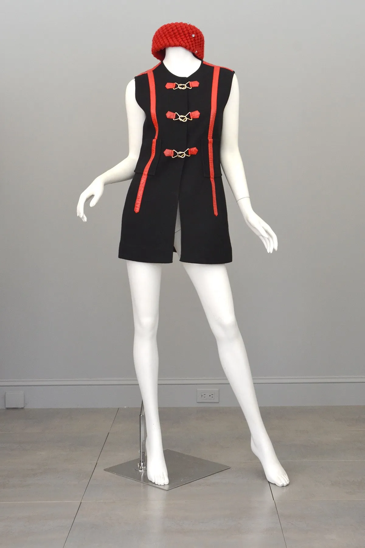 Vtg 1960s Black Knit Red Leather MOD Vest Tunic by Gina Teresa