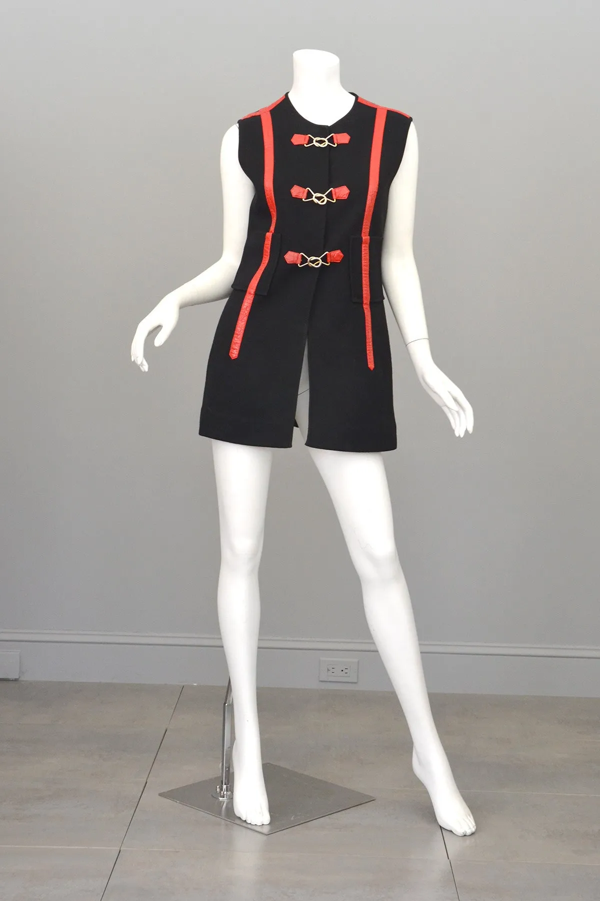 Vtg 1960s Black Knit Red Leather MOD Vest Tunic by Gina Teresa