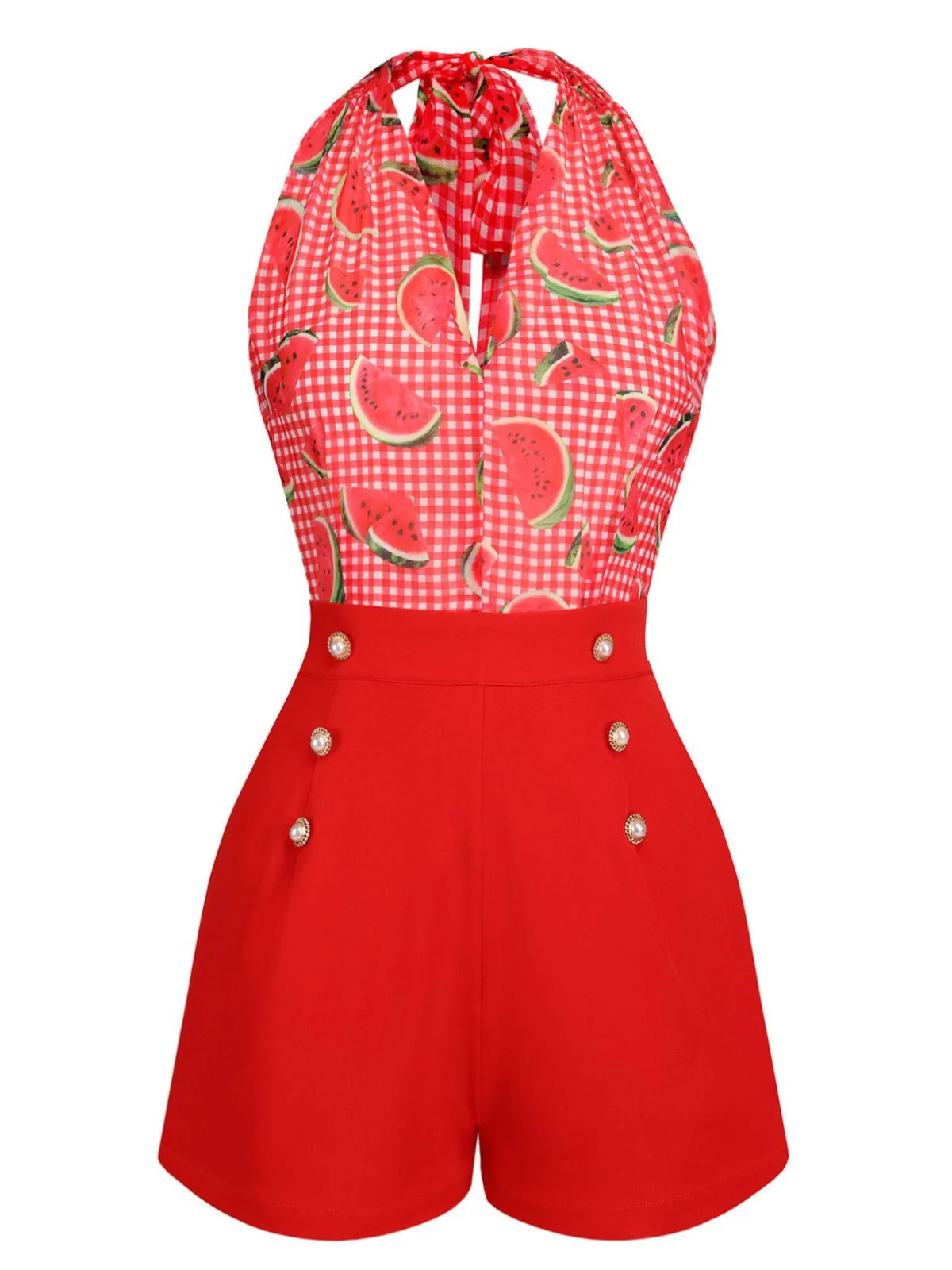 Watermelon Red 1950s Halter Patchwork Romper