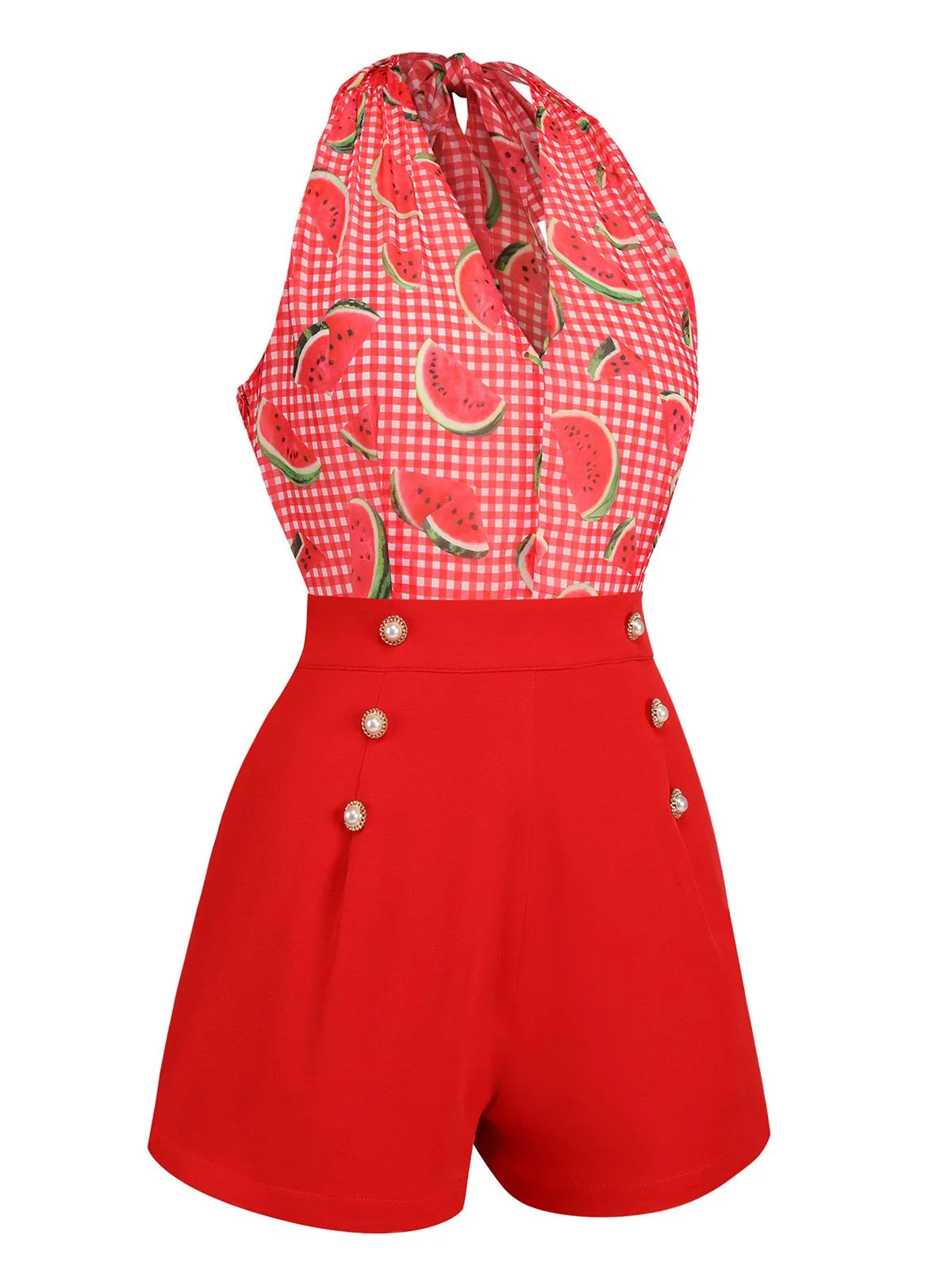 Watermelon Red 1950s Halter Patchwork Romper