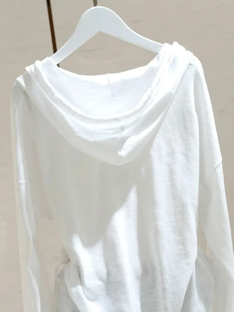 White hooded long-sleeved t-shirt for women 2024 spring and autumn new style loose slimming bamboo cotton inner layered bottomin