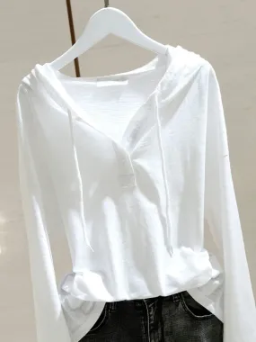 White hooded long-sleeved t-shirt for women 2024 spring and autumn new style loose slimming bamboo cotton inner layered bottomin