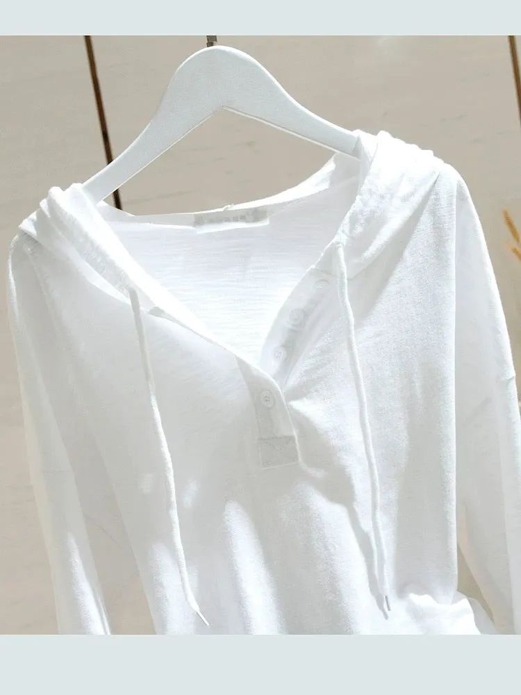 White hooded long-sleeved t-shirt for women 2024 spring and autumn new style loose slimming bamboo cotton inner layered bottomin