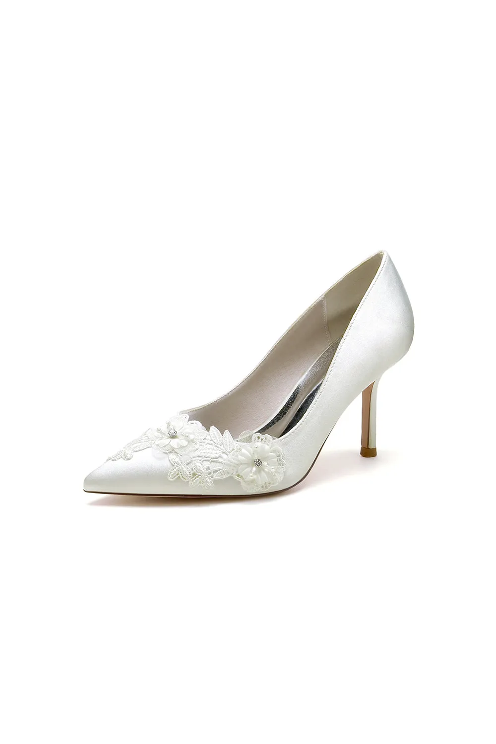 White Wedding Shoes Stiletto Heel Satin With Lace