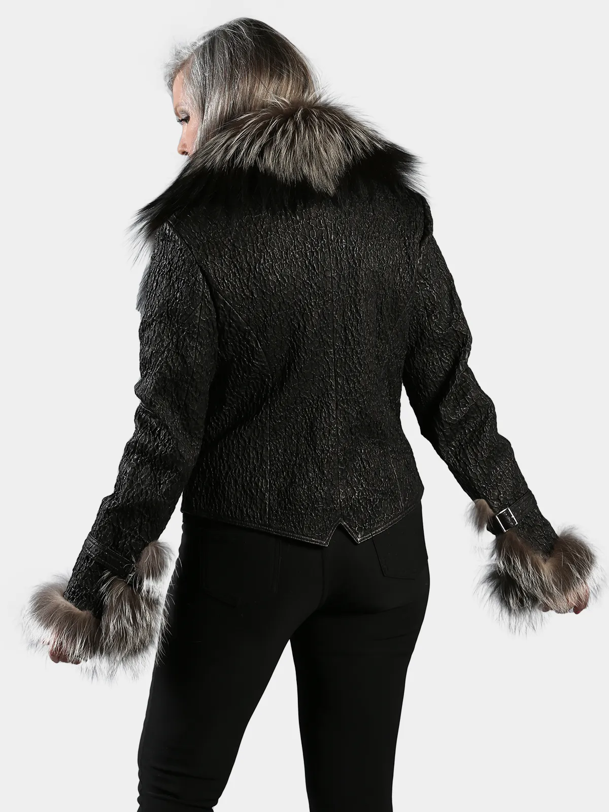 Woman's Black Seamless Front Stretch Croco Leather Jacket - Day Furs