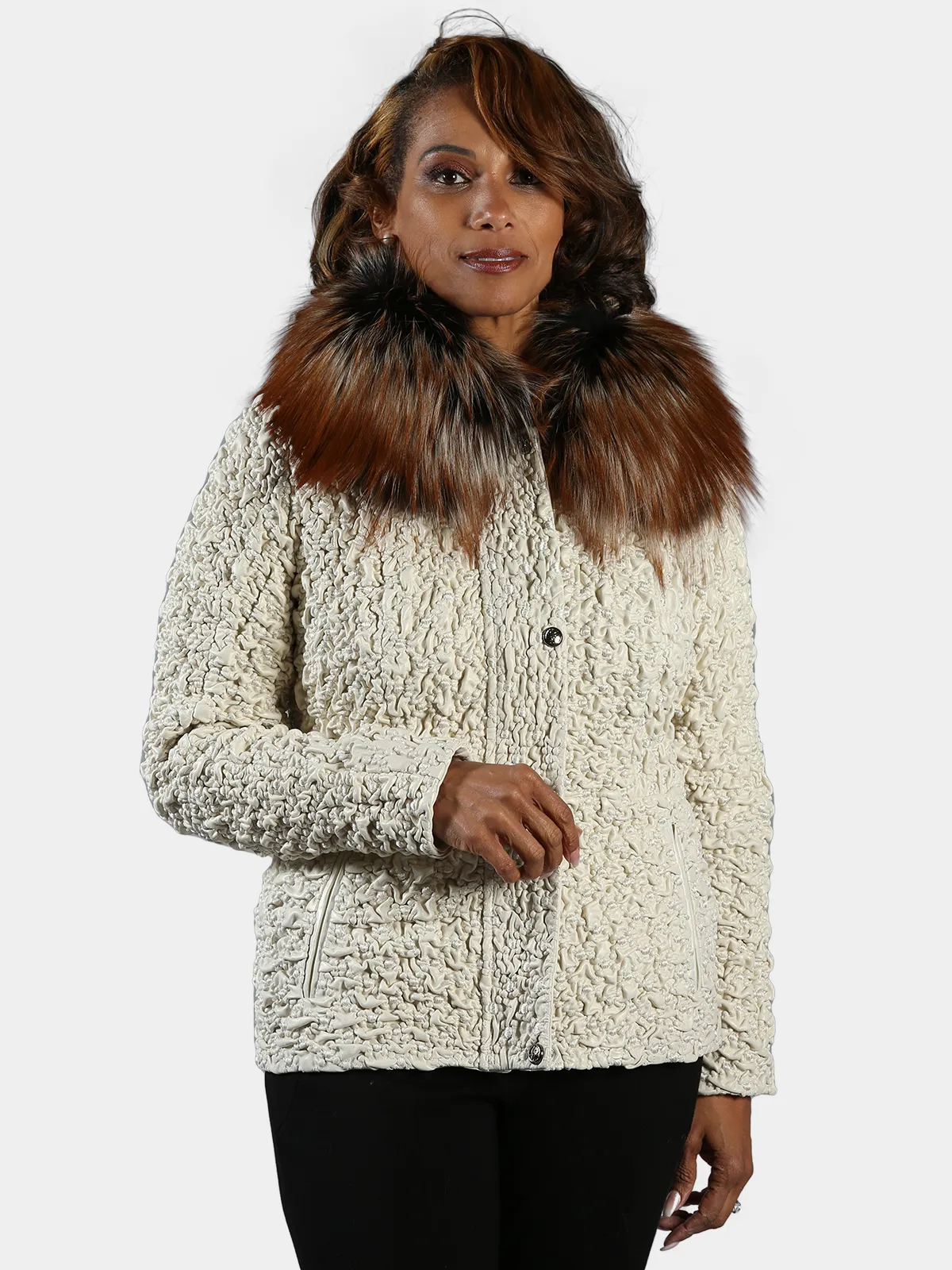 Woman's Ice Bubble Stretch Leather Jacket with Detachable Fox Collar - Day Furs