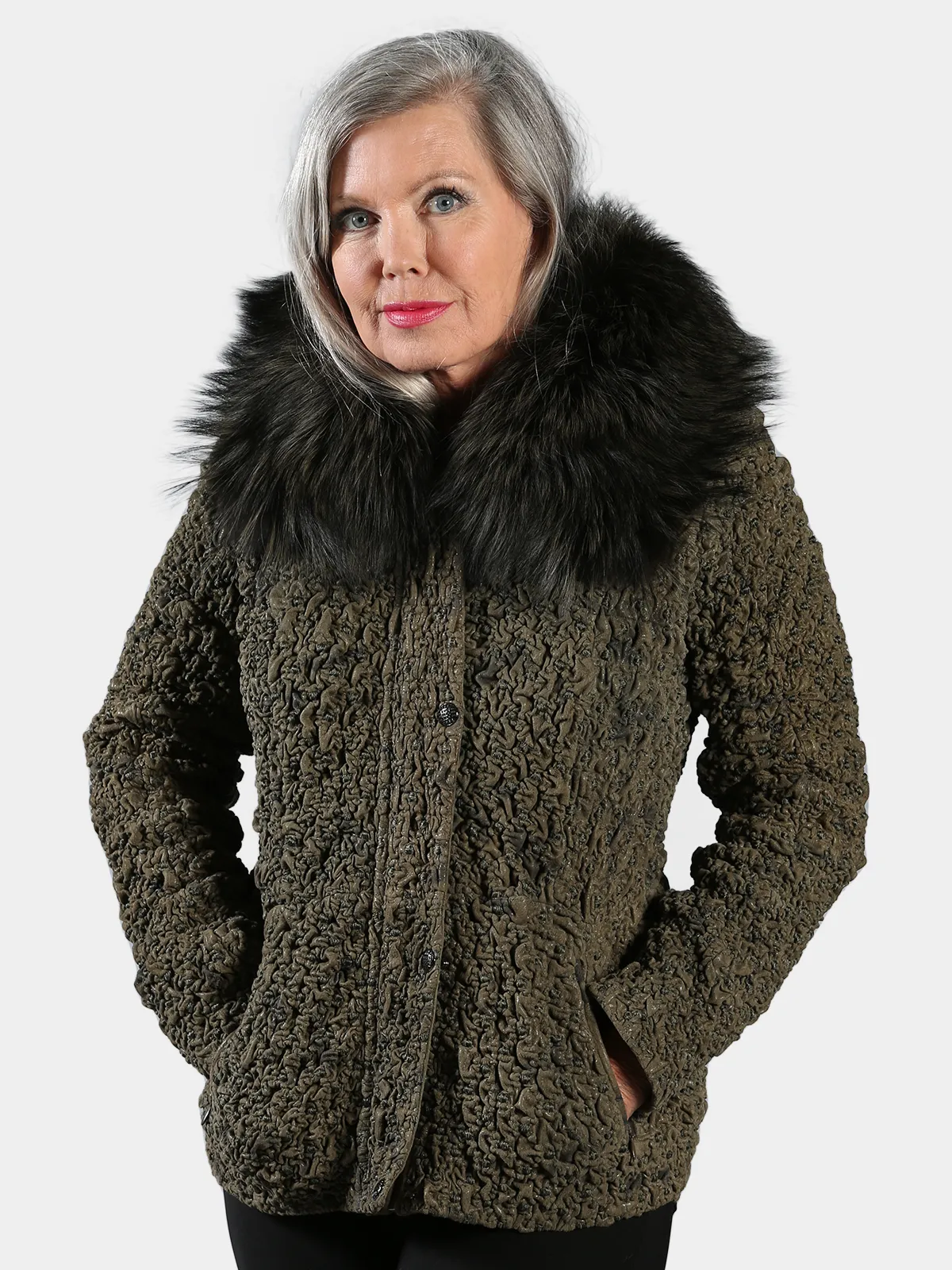 Woman's Shitake Bubble Stretch Leather Jacket with Detachable Fox Collar - Day Furs