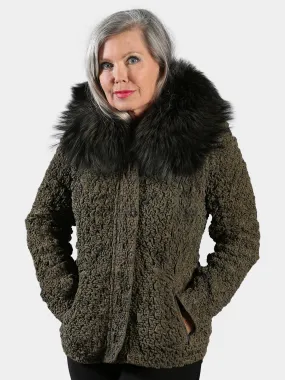 Woman's Shitake Bubble Stretch Leather Jacket with Detachable Fox Collar - Day Furs