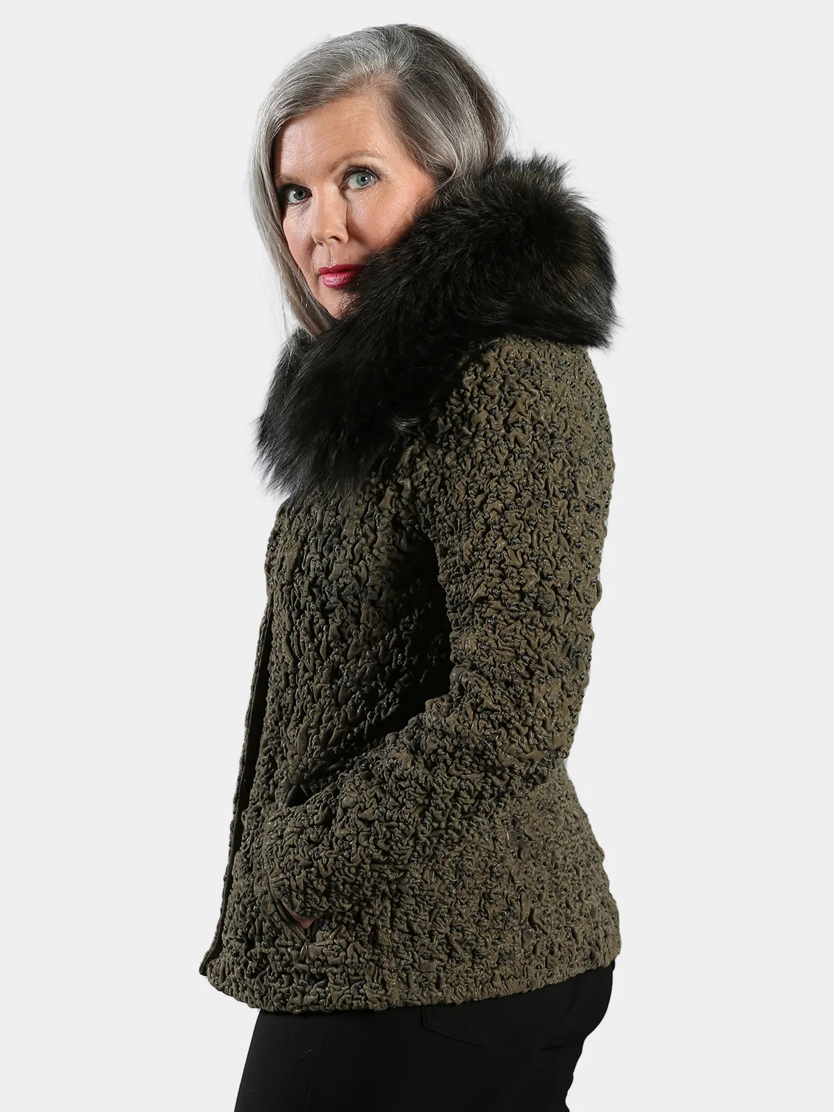 Woman's Shitake Bubble Stretch Leather Jacket with Detachable Fox Collar - Day Furs