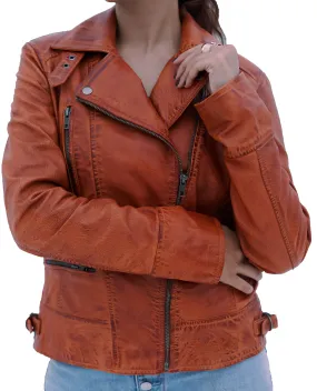 WOMEN REAL LEATHER BIKER LEATHER JACKET TAN BROWN WAXED SOFT LAMBSKIN