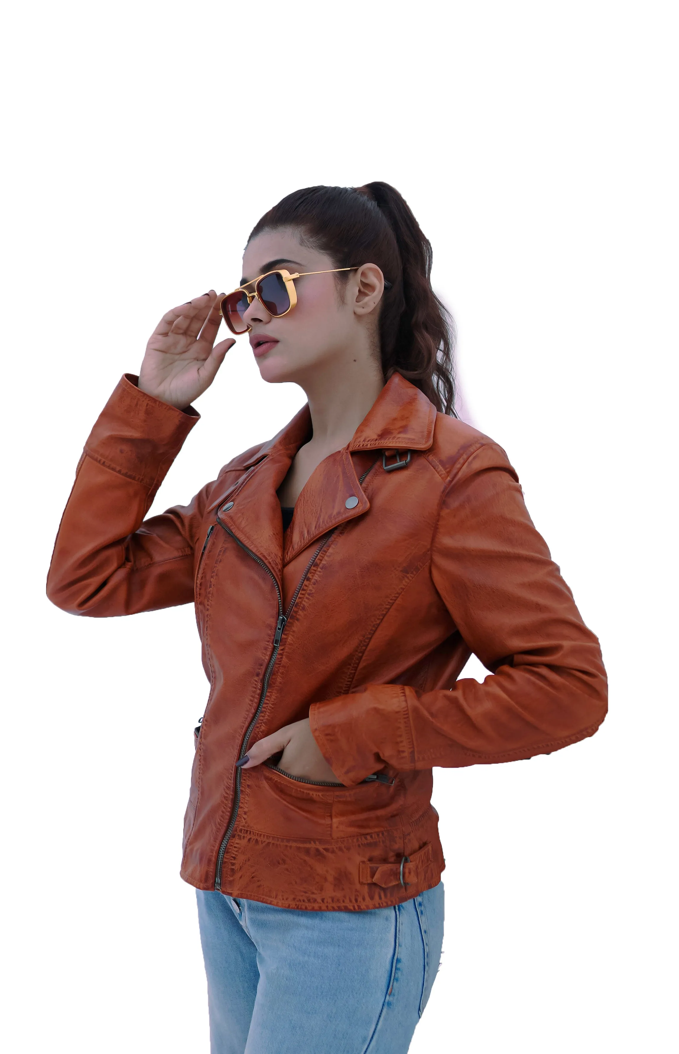 WOMEN REAL LEATHER BIKER LEATHER JACKET TAN BROWN WAXED SOFT LAMBSKIN