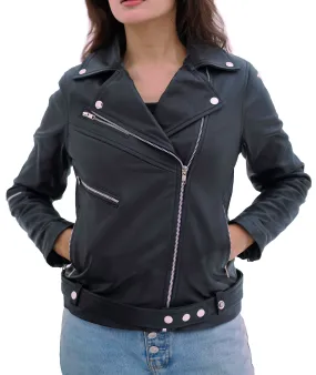 WOMEN REAL LEATHER CLASSIC BIKER LEATHER JACKET SOFT LAMBSKIN