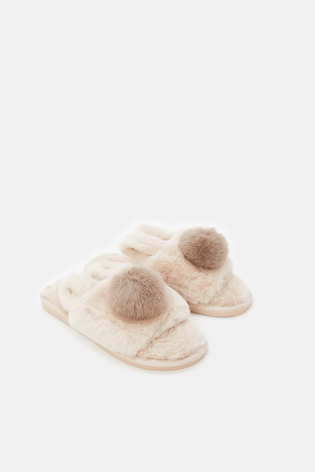 Women Taupe Pom Pom Ears Slipper