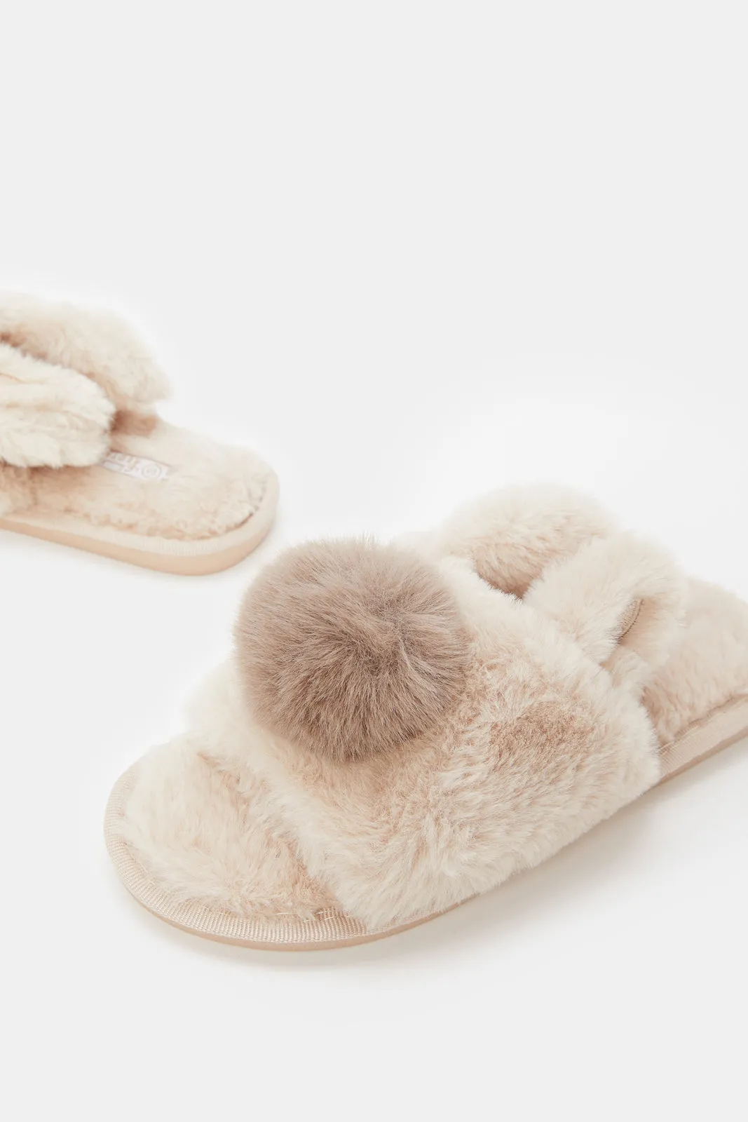 Women Taupe Pom Pom Ears Slipper