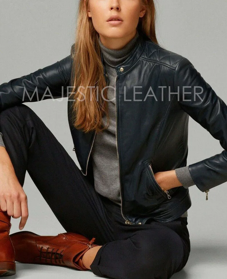 Women's Genuine Lambskin Leather Black Slim fit Biker Motorcycle Jacket