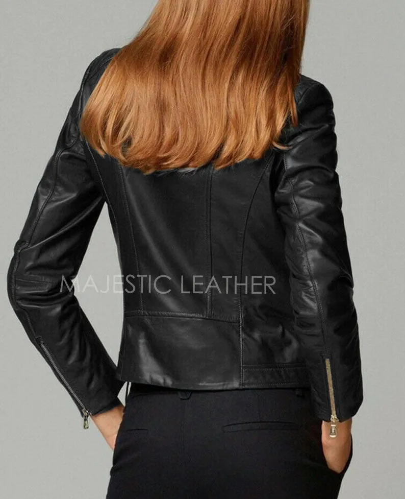 Women's Genuine Lambskin Leather Black Slim fit Biker Motorcycle Jacket