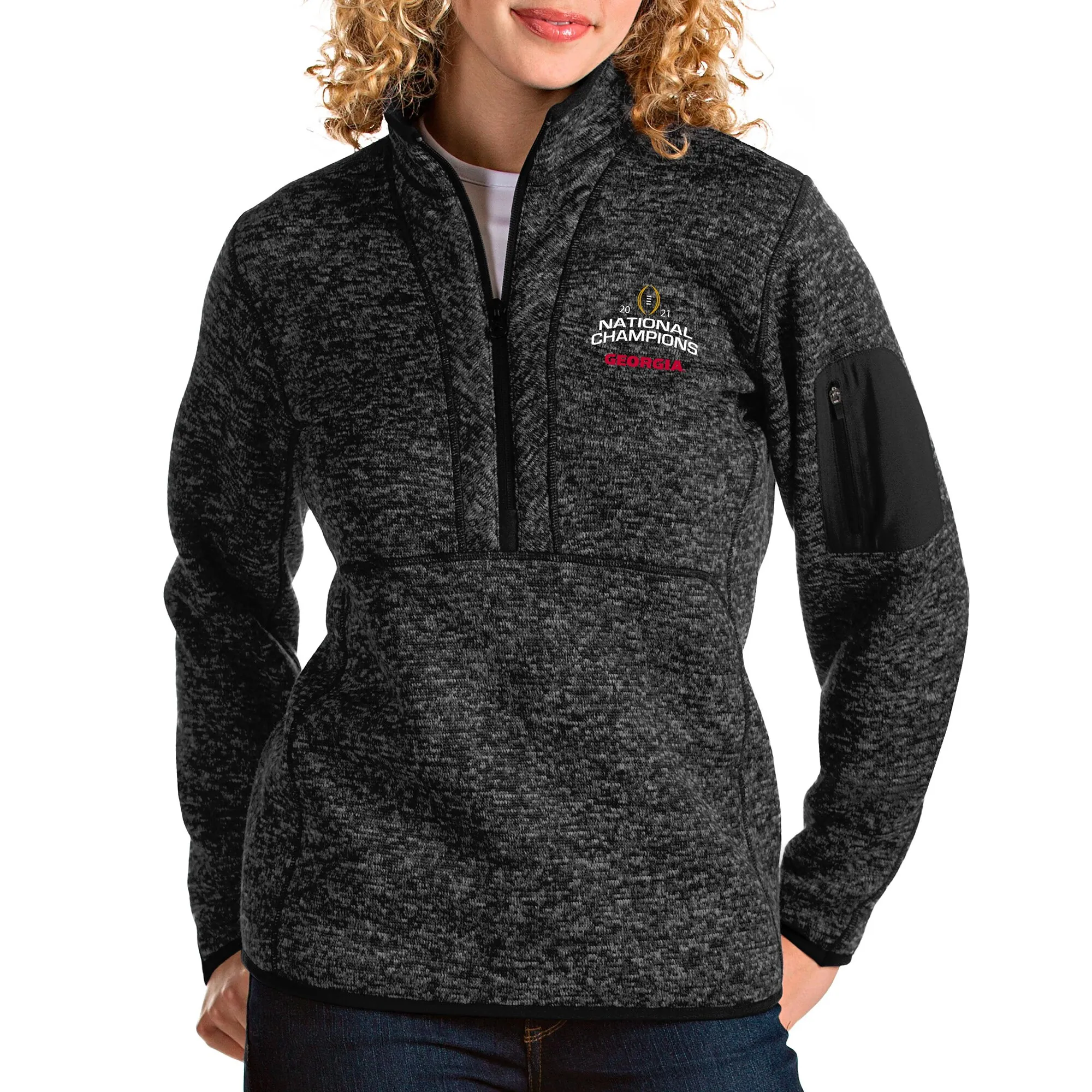 Women's Antigua Heathered Black Georgia Bulldogs College Football Playoff 2021 National Champions Fortune Quarter-Zip Pullo