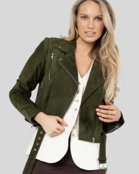 Zora Olive Green Suede Biker Leather Jacket